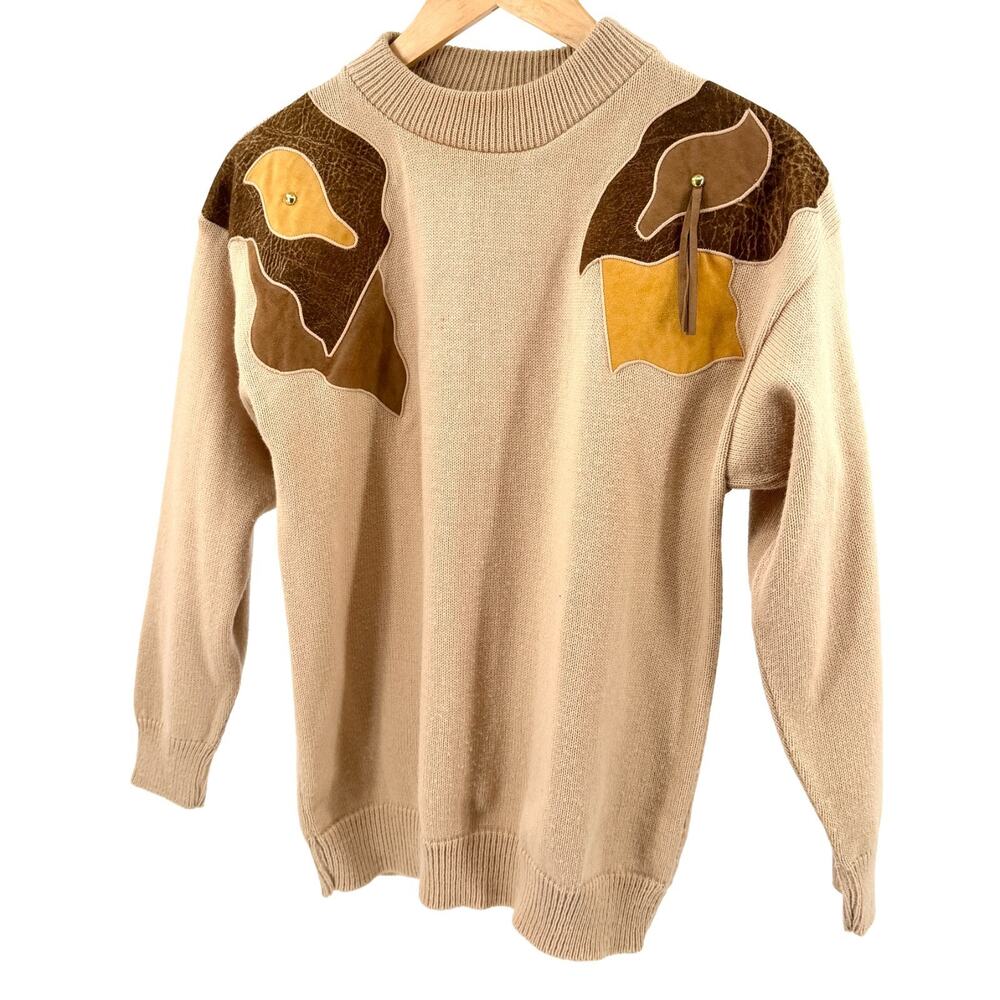 Vintage 80s Rugby Road Tan Faux Leather Tassel Abstract Applique Sweater